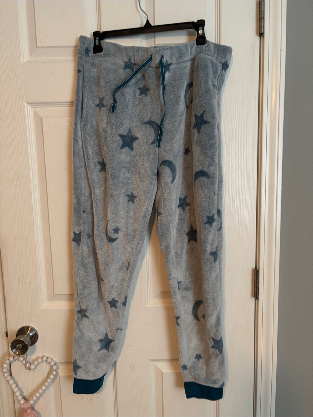 Cozy Plush Star & Moon Jogger Pajama Pants - Light Gray with Blue Accents